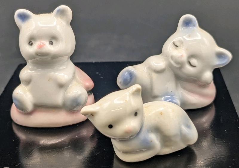 3 Tiny Porcelain Animal Figures | 2 Teddy Bears, 1 Cat | Up to 1.5" Tall