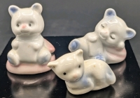 3 Tiny Porcelain Animal Figures | 2 Teddy Bears, 1 Cat | Up to 1.5" Tall