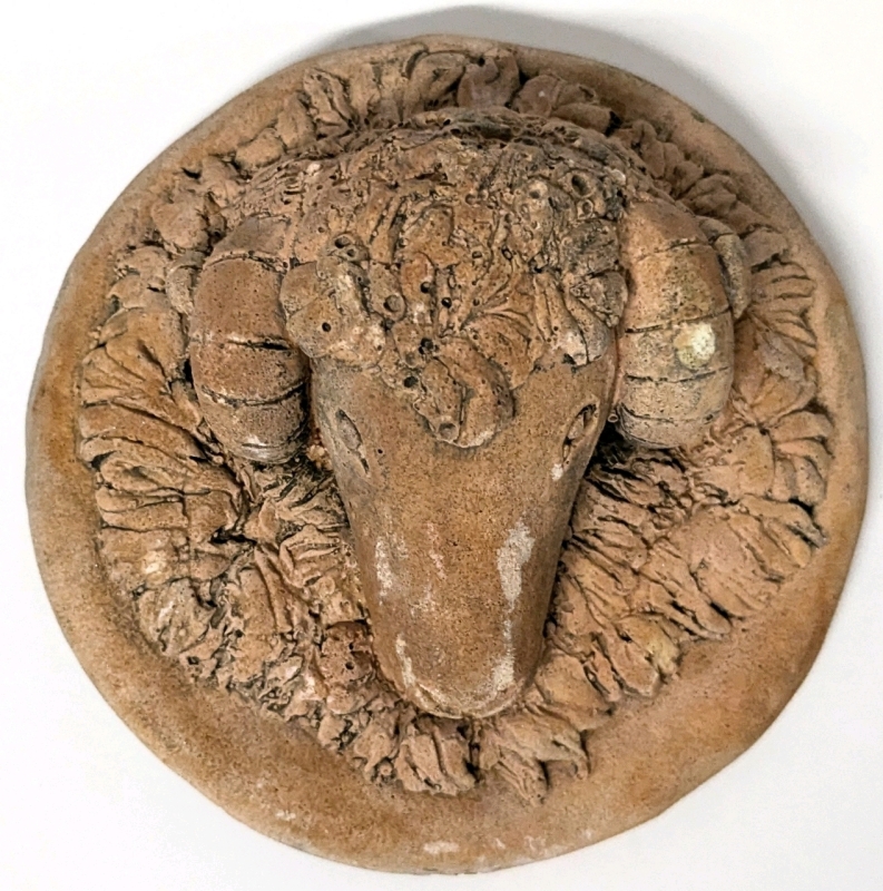 Neat Vintage Folk Art Pottery Ram / Big Horn Sheep Wall Medal | 3.75" Diameter