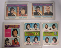 1974 - 76 O Pee Chee NHL Hockey Team Leaders Trading Cards . Includes Bobby Orr , Phil Esposito , Bobby Clarke . Five (5) Cards