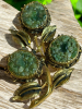 Vintage Jade Chip Antiqued Gold Finish LARGE 3 Flower Brooch 3"