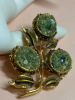 Vintage Jade Chip Antiqued Gold Finish LARGE 3 Flower Brooch 3" - 5