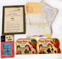 Vintage Sewing Notions | Framed "Max" Hosiery Mender, 4 Handkerchiefs, Ardee Assorted Needles & 2 Partial Happy Home Needle Books | Frame: 5.25" x 7"