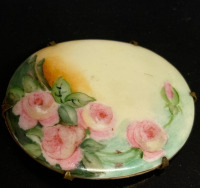 Large Oval Antique Victorian Porcelain Hand Painted Brooch C Clasp 2.5 Inch Prong Set