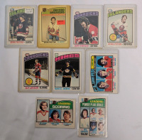 1976 - 77 O Pee Chee NHL Hockey Trading Card Singles . Includes Bryan Trottier Rookie Card . Nine (9) Cards