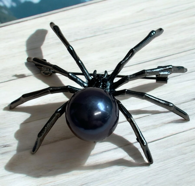 Spider Brooch rhinestones Large Black Faux Pearl Body