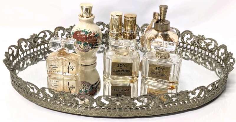 Vintage Mirrored Vanity Tray w 7 Empty Vintage Perfume Bottles | Guy Laroche, Jean Patou, Edward Bell + | Tray: 13.5" x 9.5"