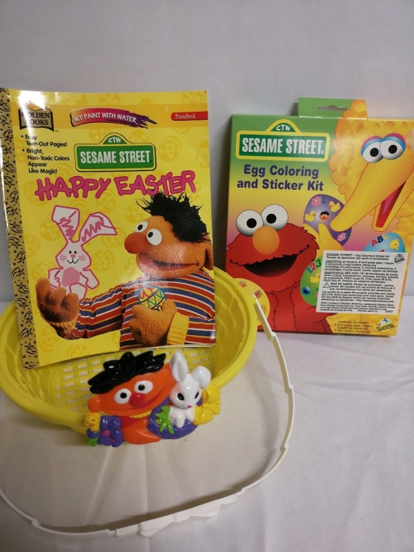 New Vintage Sesame Street Easter Lot - Basket, Egg Colouring Kit + Paint with Water Book