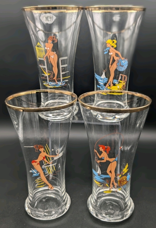 4 Vintage MCM Gold Rimmed Bathing Bikini Beauties Pin-Up Girl Cocktail Glasses | 3.5" Diameter x 6.5" Tall