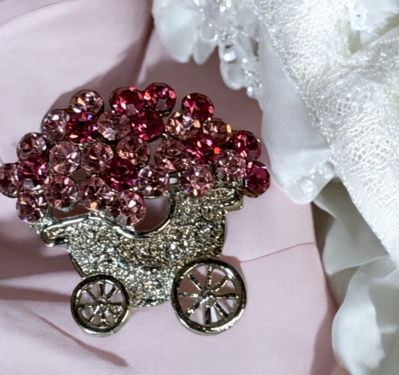 Cloe Signed Shades of Pink Rhinestone Cart with Wheels Brooch