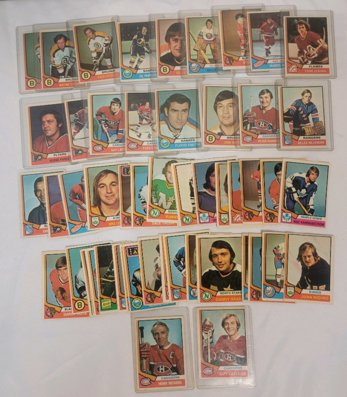 1974 - 75 O Pee Chee NHL Hockey Trading Card Singles , 52 Trading Cards . Includes Guy Lafleur & Henri Richard