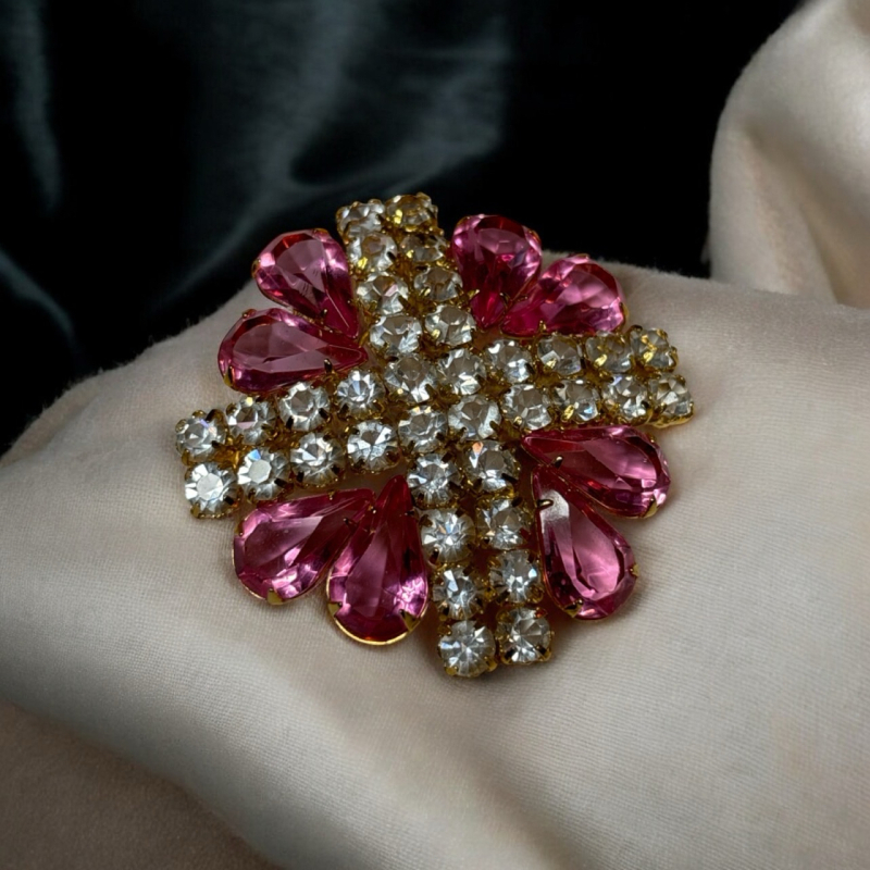 Bright Sparkling Prong Set Pink Teardrop and Clear Centre Cross Brooch