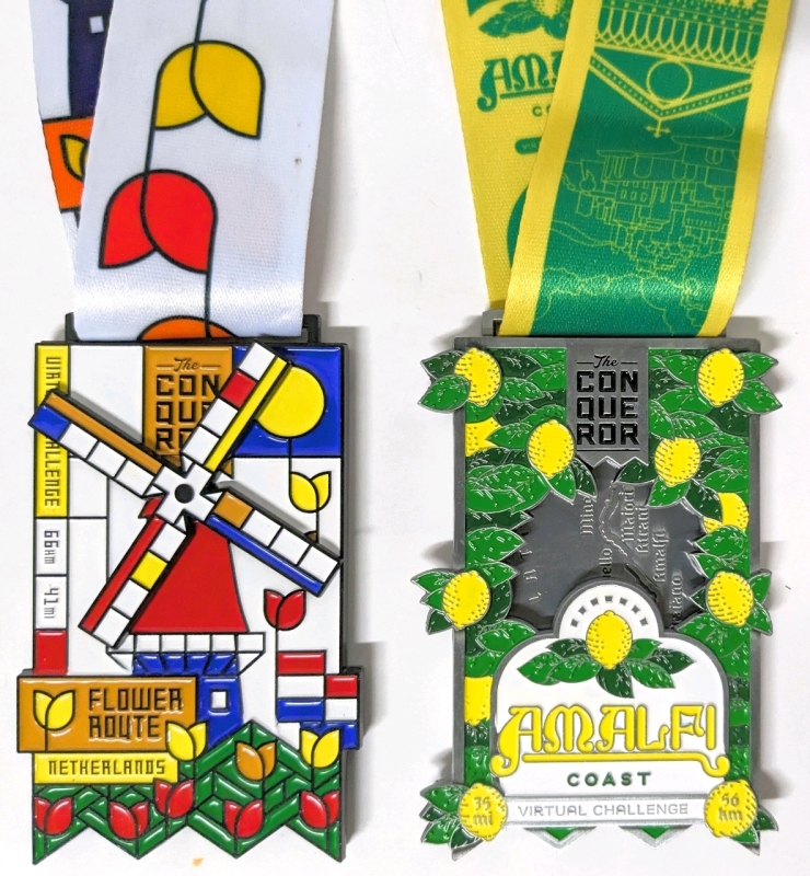 2 THE CONQUEROR Virtual Challenge Enameled Metal Medallions | The Flower Rout: Netherlands (with Articulated Windmill) 66km / 41mi & Amalfi Coast (Opens Up) 35mi / 56km | Medals 2.5" x 4" on 42" Long Ribbons