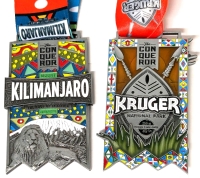 2 THE CONQUEROR Virtual Challenge Enameled Metal Medallions | Mount Kilimanjaro 60Mi / 97km & Kruger National Park 256mi / 412km | Medals 2.5" x 4" on 42" Long Ribbons