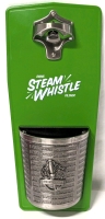 Magnetic Fridge-Mounted Metal Steam Whistle Bottle Opener w Attached Cap Catch Can | 5.75" x 13" Long