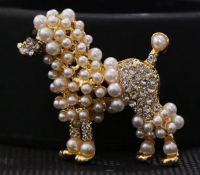 Rhinestone and Pearl Golden Dog Brooch<br/>