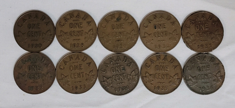 1920 - 1936 Canadian King George V One Cent Pennies . 1920 , 1928 , 1929 , 1931 , 1932 ×2 , 1933 , 1934 , 1935 & 1936