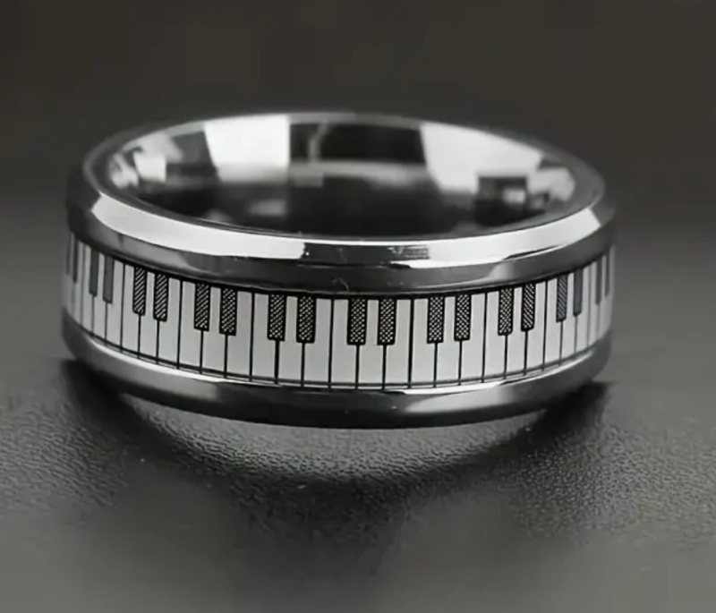 Unique 8mm Black and White Piano Key Ring Size 12