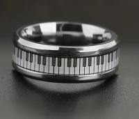 Unique 8mm Black and White Piano Key Ring Size 12