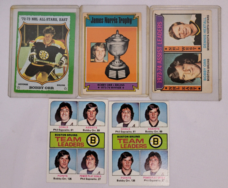 1973 - 75 OPC & Topps NHL Hockey Bobby Orr All-Star & Team Leaders Trading Cards . Five (5) Trading Cards