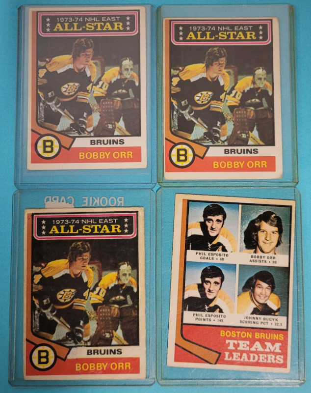 1974 - 75 O Pee Chee NHL Hockey Bobby Orr All-Star & Team Leader Trading Cards . Four (4) Trading Cards
