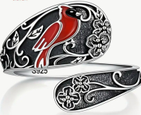 Exquisite Vintage-Inspired Red Cardinal & Poppy Flower<br/>Bypass Ring - 925 Sterling Silver