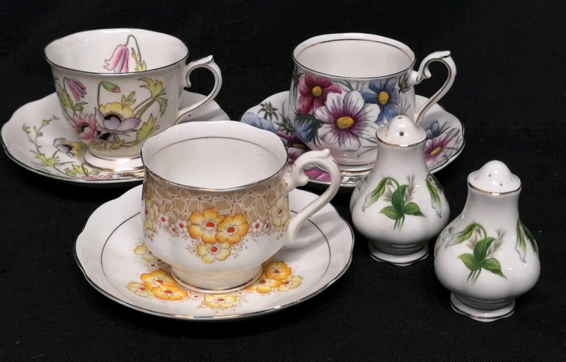 Vintage Royal Albert Cups & Saucers + Salt & Pepper Shakers
