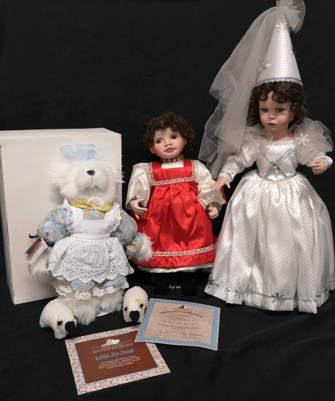 3 Vintage Ashton Drake Dolls & Like New Little Bo Peep Teddy Bear with Lambs and COA