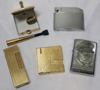 Lighter & Mini Ashtray Lot . Brother-Lite (unused) , Flint Stone Zippo Style Lighter (unused) , Dunhill Lighter , Rowenta Lighter plus Mini Ashtray with Telescope Cigarette Holder