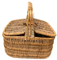 Large Vintage Wicker Picnic Basket with Dual Lids & Leather Strap w Lock | 12.25" x 16" x 16.5" Tall incl Handle