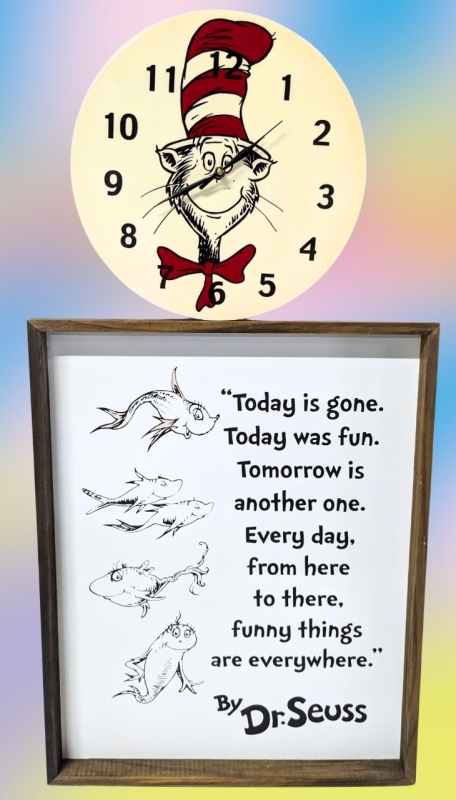 Licensed Dr. Seuss | Framed Art (16" x 20") & Working Wall Clock (11" Diameter)