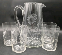 Vintage Cut & Engraved Glass Daisy Pitcher w 4 Matching Glasses | Pitcher 7.5" Tall, Glasses 3.75" Tall