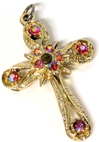 Brilliant Vintage Stanhope Gold Tone Cross w Red AB Rhinestones | Hold Up to a Light Peer Through its Centre to See* a Bible Verse! | 1.75" Long