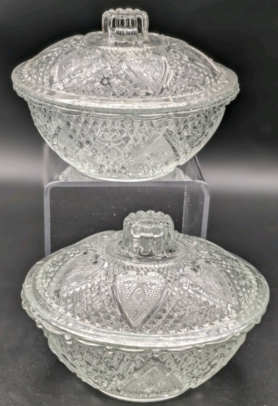 Twin Vintage Lidded Clear Glass Candy Dishes w Embossed Hearts | 5" Diameter x 3.5" Tall ea