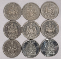 1968 - 2002 Canadian 50 Cent Half Dollar Coins , Nine (9) Coins . 1968 ×2 , 1969 , 1973 ×2 , 1974 , 1976 & 2002 ×2