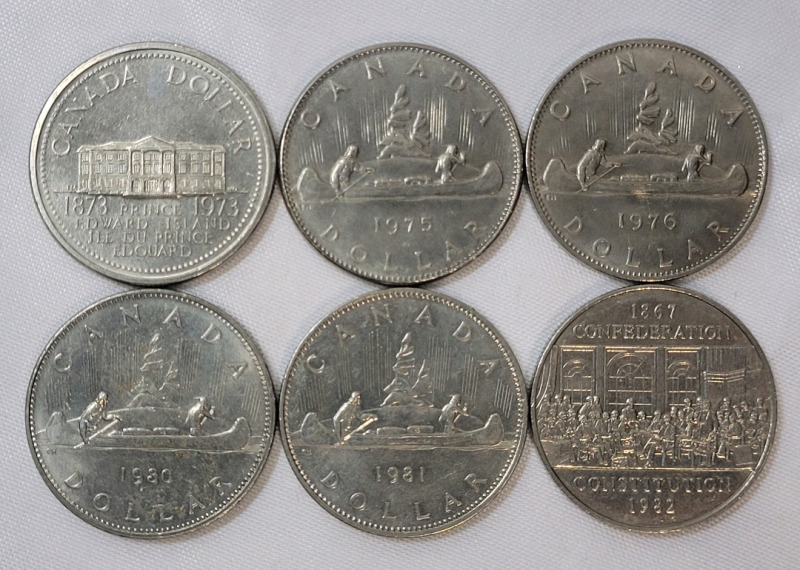 1973 - 1982 Canadian One Dollar Coins , Six (6) Coins . 1973 , 1975 , 1976 , 1980 , 1981 & 1982