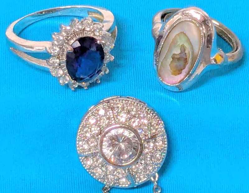 Vintage to Modern Signed Avon Abalone Ring (Size 5) & Necklace with Large & Small Clear Rhinestones & Size 8 Silver Tone Ring with Clear Faceted Sapphire Blue Stone Surrounded by Small Clear Rhinestones