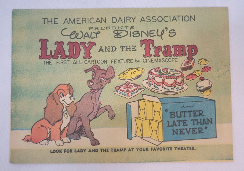 1955 American Dairy Association presents Walt Disney's Lady and the Tramp Mini Comic , Advertisement Giveaway for Lady and the Tramp Movie . Excellent Condition , measures 7"×5"