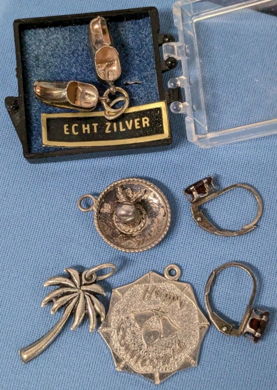 Vintage Echt Zilver, Silver Tone, Sterling Silver Charms (Dutch Clogs, Anniversary, Sombrero, Palm Tree) & Pair of Presumed Sterling Earrings with Orange-Red Faceted Stones | Up to 0.8" long