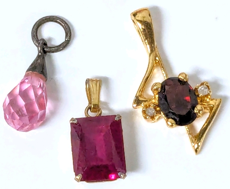 Vintage Signed Gio Lind 24KT Heavy Gold Plate Pendant, Large Suspected Ruby Pendant & Sterling 925 Capped Prismatic Pink Glass Pendant | Longest is 1.15"