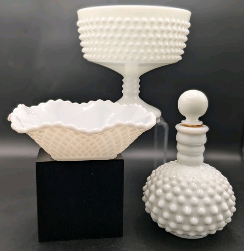 3 Vintage Milk Glass Pieces | Large Footed Hobnail Compote (6" Diameter x 5.5" Tall), Hobnail Jar w Stopper (6.5") & Diamond Square Ruffled Nut Dish (6" x 6" x 1.75" Tall)