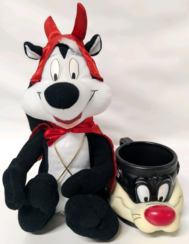 Vintage Looney Tunes 1992 Sylvester Character Mug (3.75" Tall) & 1999 Plush "Horny Devil" Pepe Le Pew Plush (11.15" Tall)