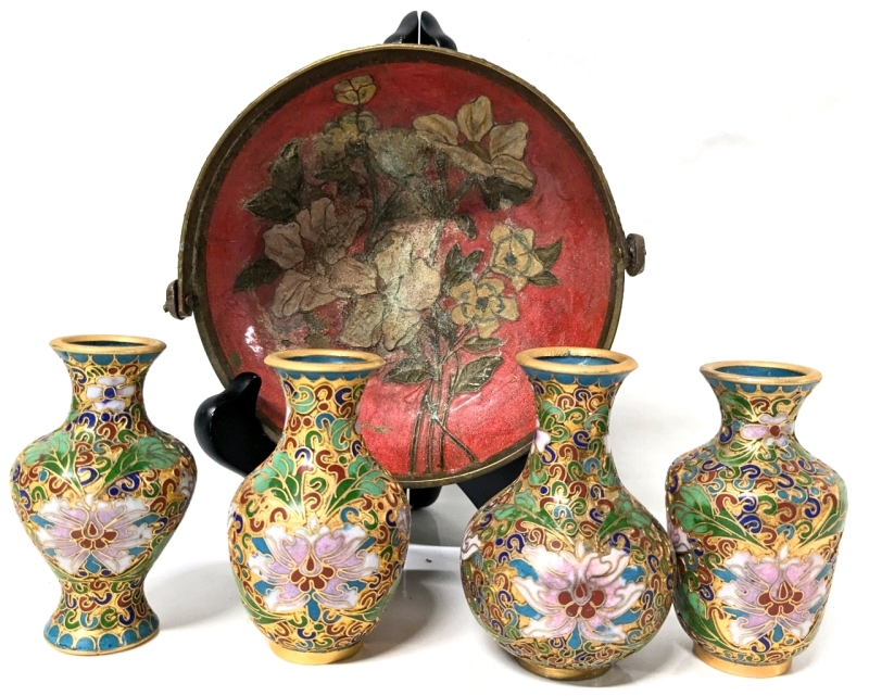 Vintage Solid Brass Indian Bowl w Handle & 4 Miniature Cloissone Vases w Gold Gilt, Flowers & Enamel | Bowl 5.5" Diameter, Vases 3" Tall