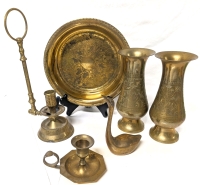 6 Vintage Brass & Brass Tone Pieces | Ibis/Crane, 2 Candlestick Holders, 2 Vases | Up to 10.25" Tall