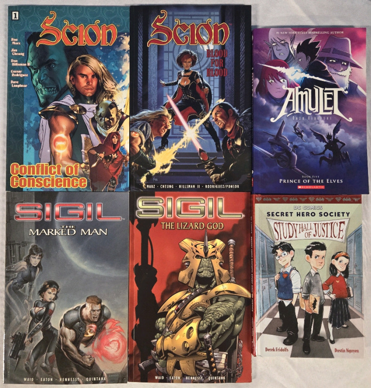 6 Assorted Paperback Comic Book Lot | Scion: Conflict Of Conscience, Scion: Blood For Blood | Sigil: The Lizard God, Sigil: The Marked Man | Amulet: Kazuma Kibuishi | & DC Secret Hero Society: Study Hall Of Justice