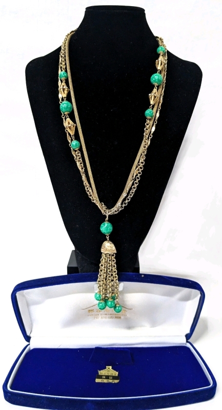 Large Vintage Jadeite Gold Tone Multi-Strand Necklace with Dangly Pendant & Case | 23" Long