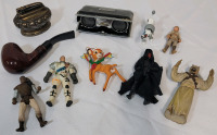 Junk Drawer Lot . Ronson Table Lighter , Disney Bambi Ornament , Compact Binoculars , Smoking Pipe & Star Wars Action Figures