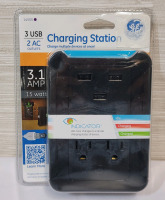 New - GE 3-USB Port / 2 AC Outlets Charging Station .