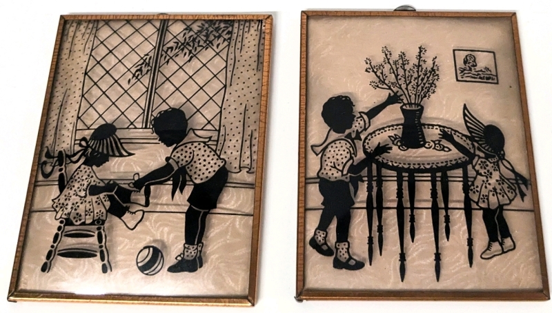 2 Vintage Reverse Glass Painted Copper-Framed Silhouetted Children Wall Art | 4" x 5"