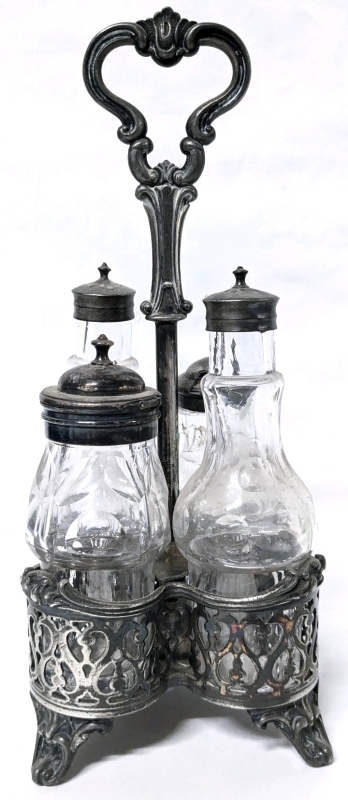 Vintage Silverplate & Heavy Glass Cruet Condiment Set in Caddy | Bottles Up to 6.5" Tall, Caddy 11.5" Tall